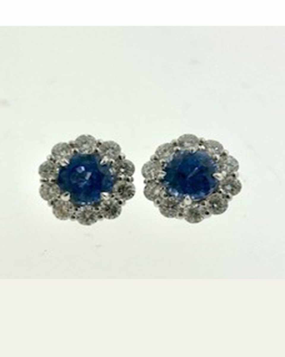Blue Sapphire Stud Earrings with Diamonds Bezels in 18K Gold